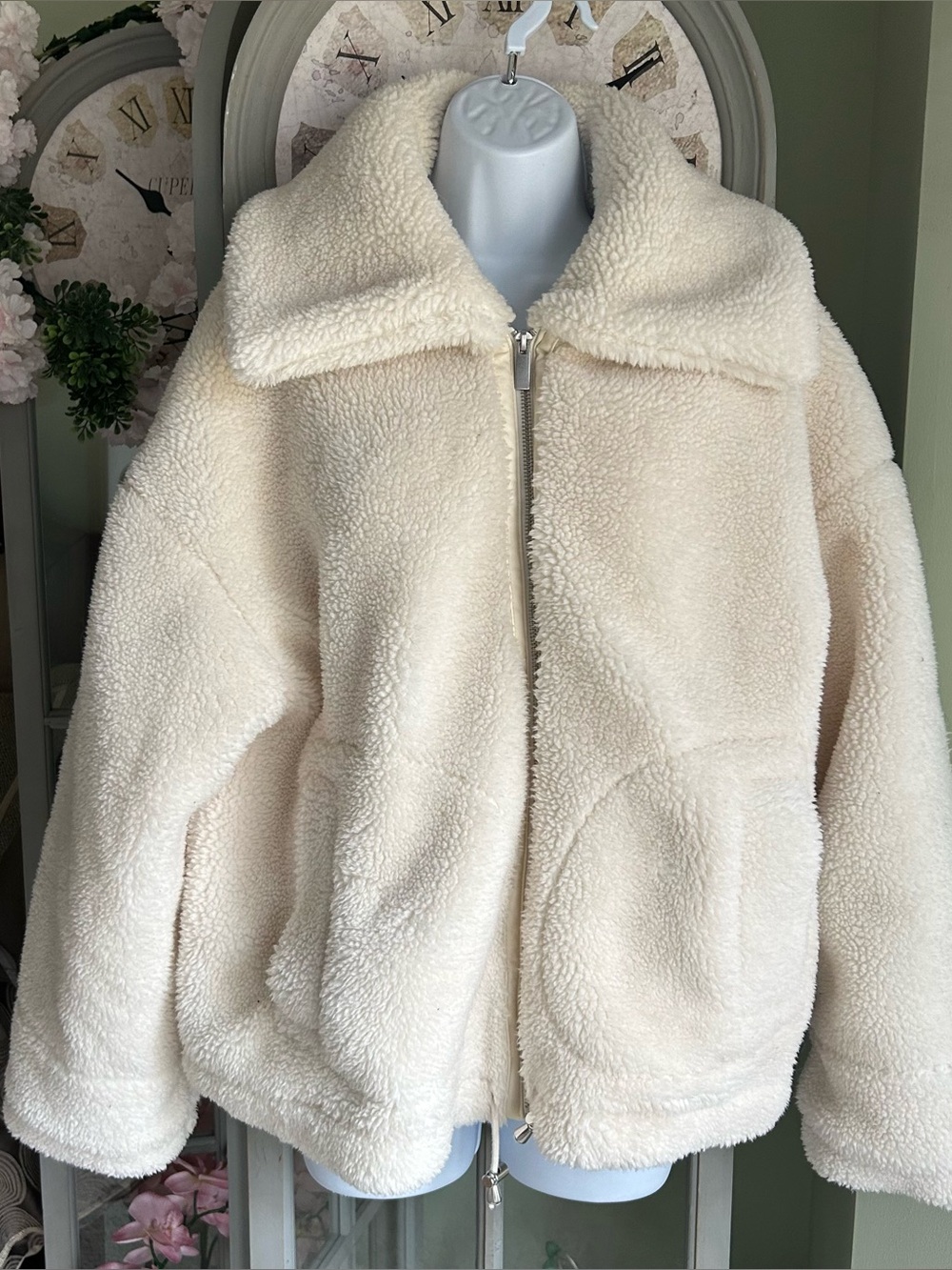Cozy Sherpa Oversized Cream Plush Teddy Coat Jacket Full Zip Universal Thread XL